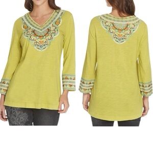 JOHN MARK Women Chartreuse Green Citron Embroidered V Neck Boho Tunic Top